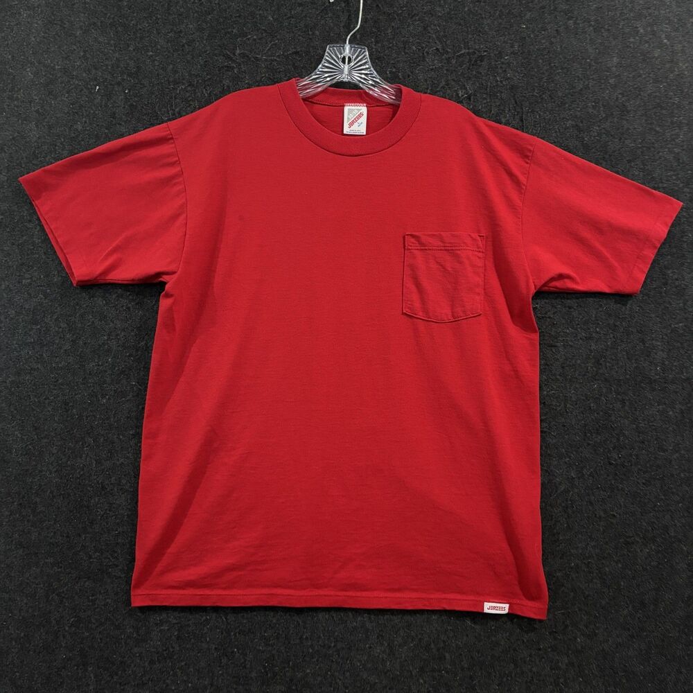 Vintage Jerzees Pocket Shirt Men's Large Red Blank 50/50 Crewneck Made In USA